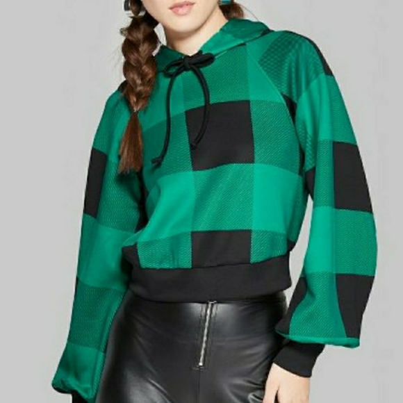 WILD FABLE Crop Plaid Sweatshirt Green/Black